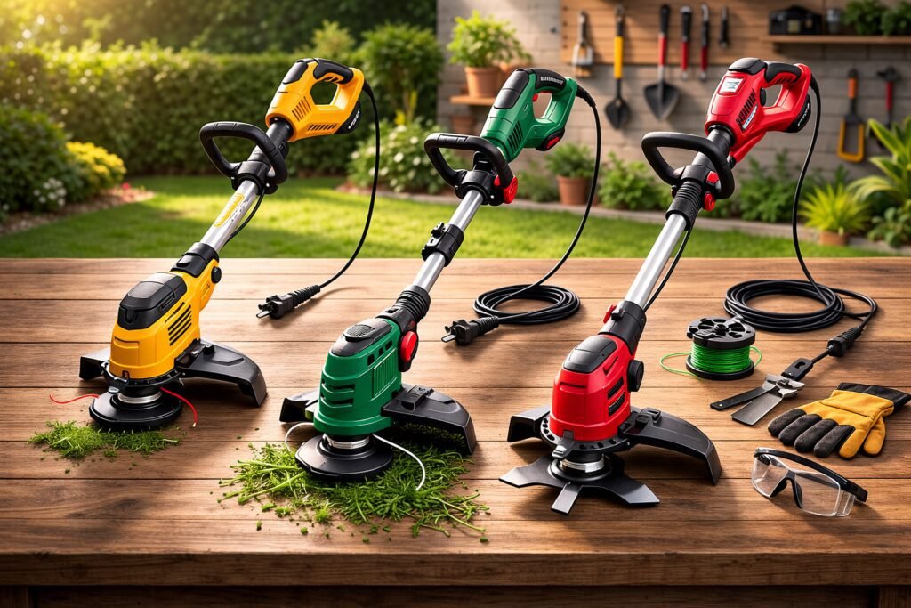 melhor roçadeira elétrica com três modelos de aparadores de grama sobre mesa para comparação