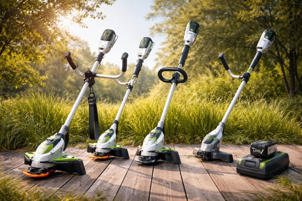 Melhores roçadeiras a bateria alinhadas sobre uma superfície de madeira em área de jardim, mostrando diferentes modelos de roçadeiras sem fio usadas para cortar grama e vegetação.