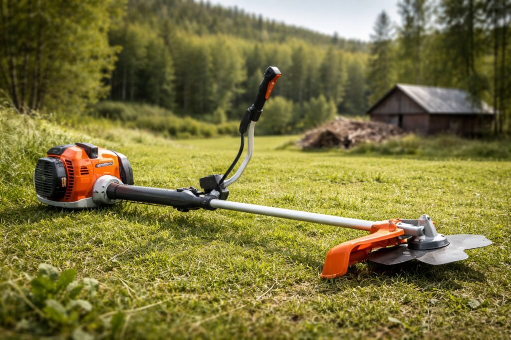 Roçadeira Husqvarna é boa? Vale a pena comprar em 2026? Roçadeira Husqvarna profissional posicionada sobre gramado em área rural, destacando motor potente e lâmina de corte usada para manutenção de terrenos e jardins.